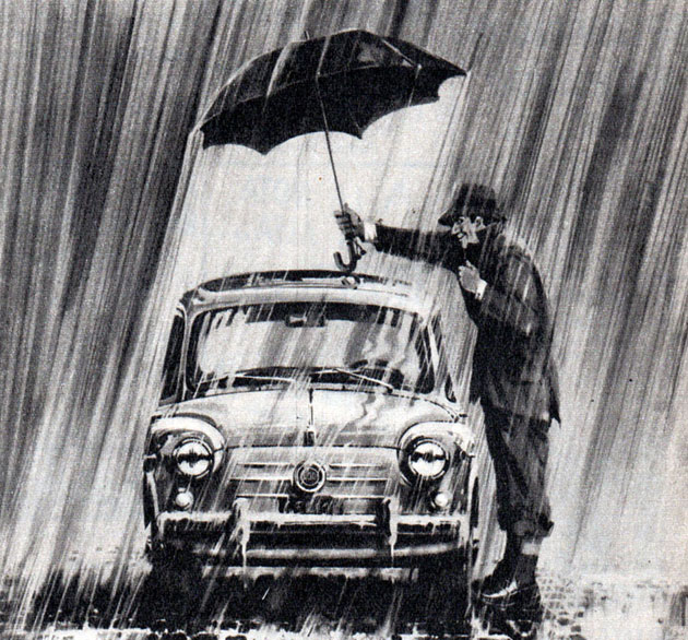 Fiat 600 bajo la lluvia